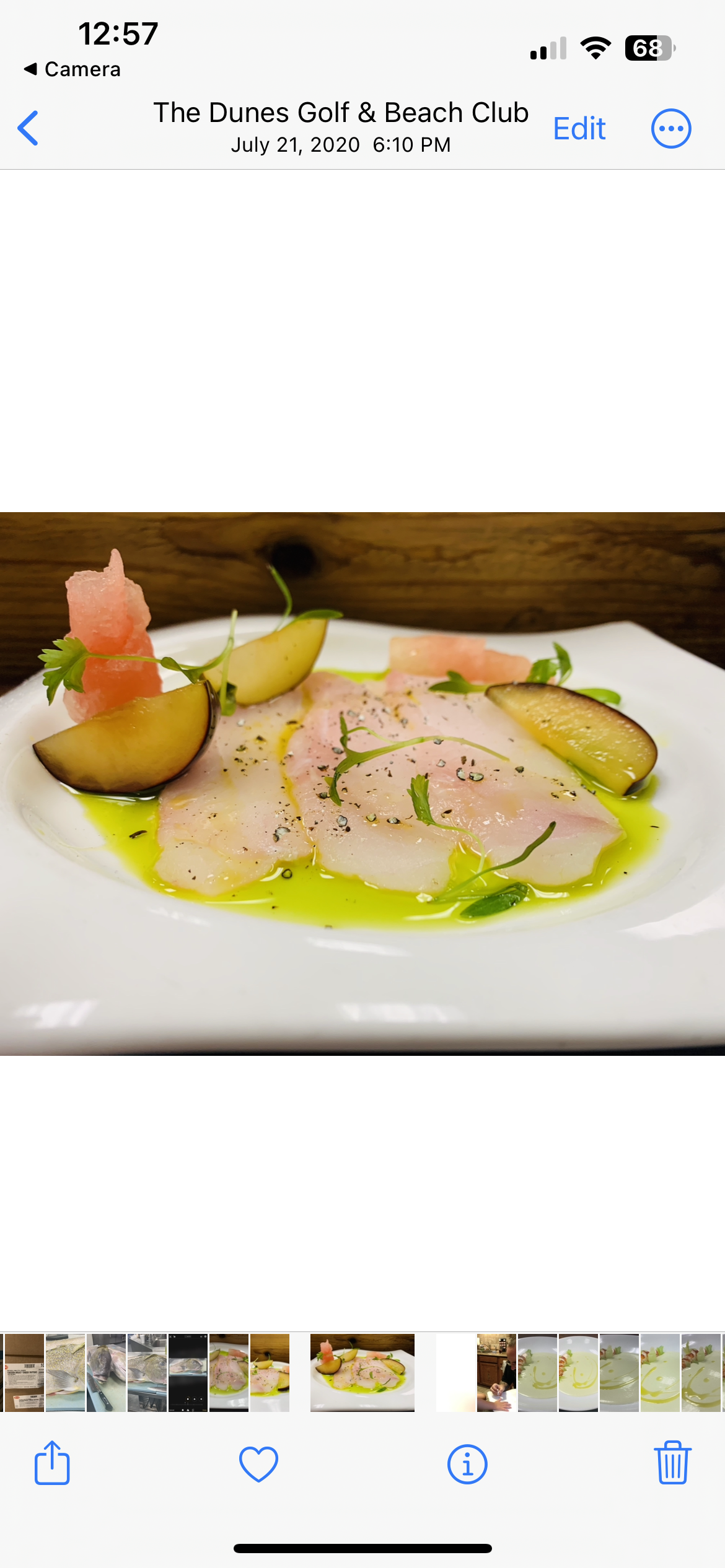 Delicate fish crudo with grapefruit granita, plum, and herb oil — The Dunes Golf & Beach Club