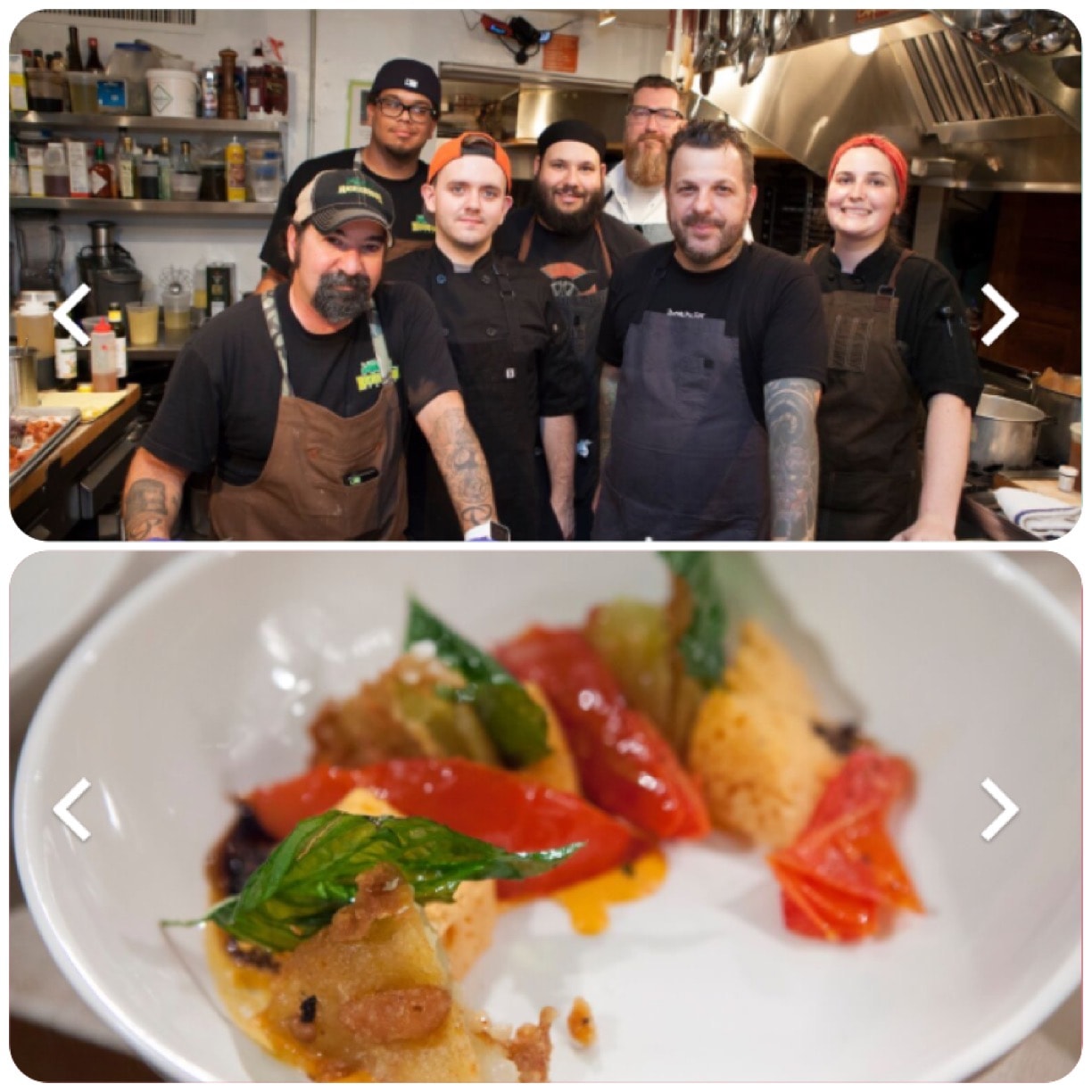 Chef Ben Simpkins with his kitchen team and a signature plated dish